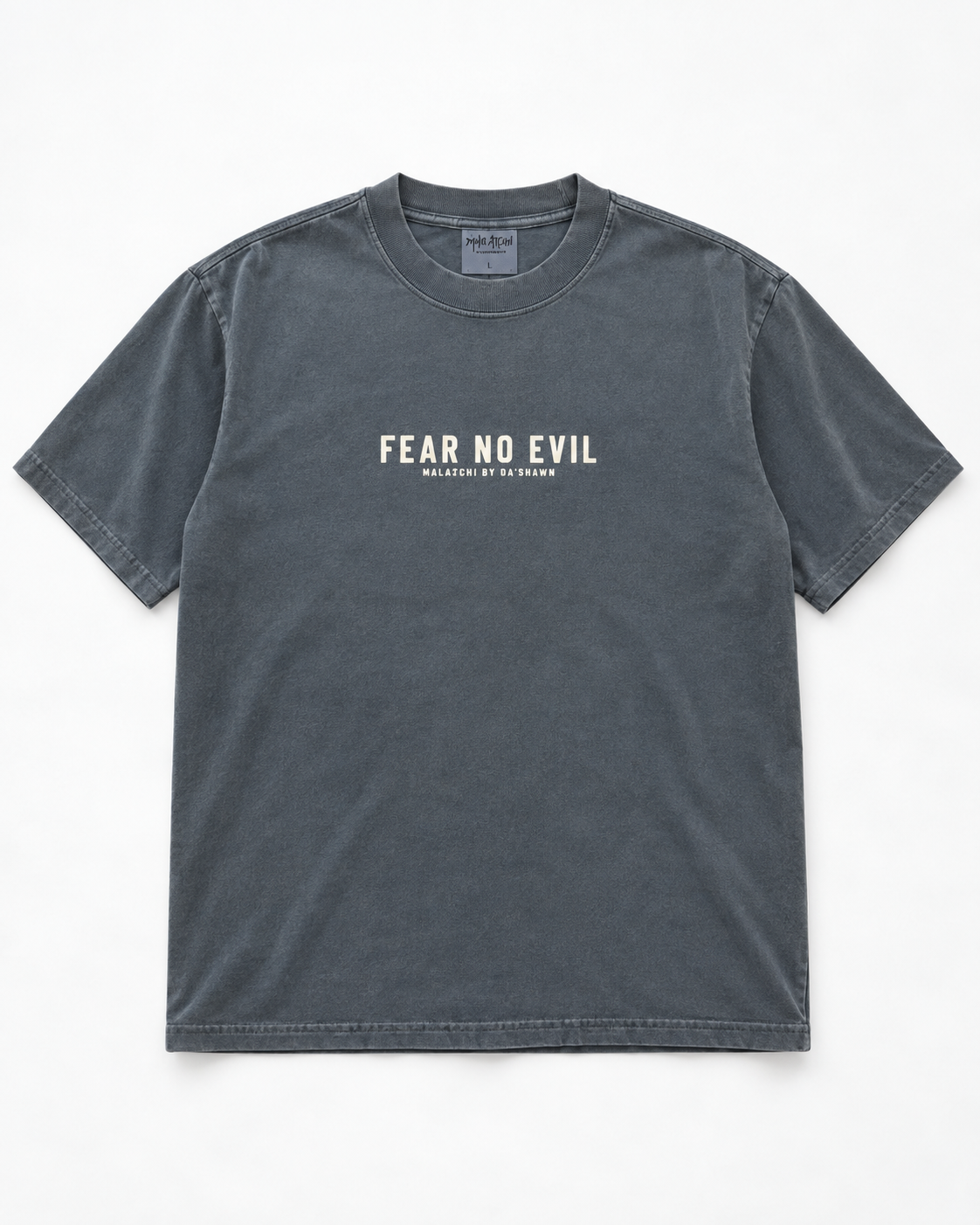 Fear No Evil - Demin Blue/Clay Red on a Max Heavyweight Oversize fit Tee