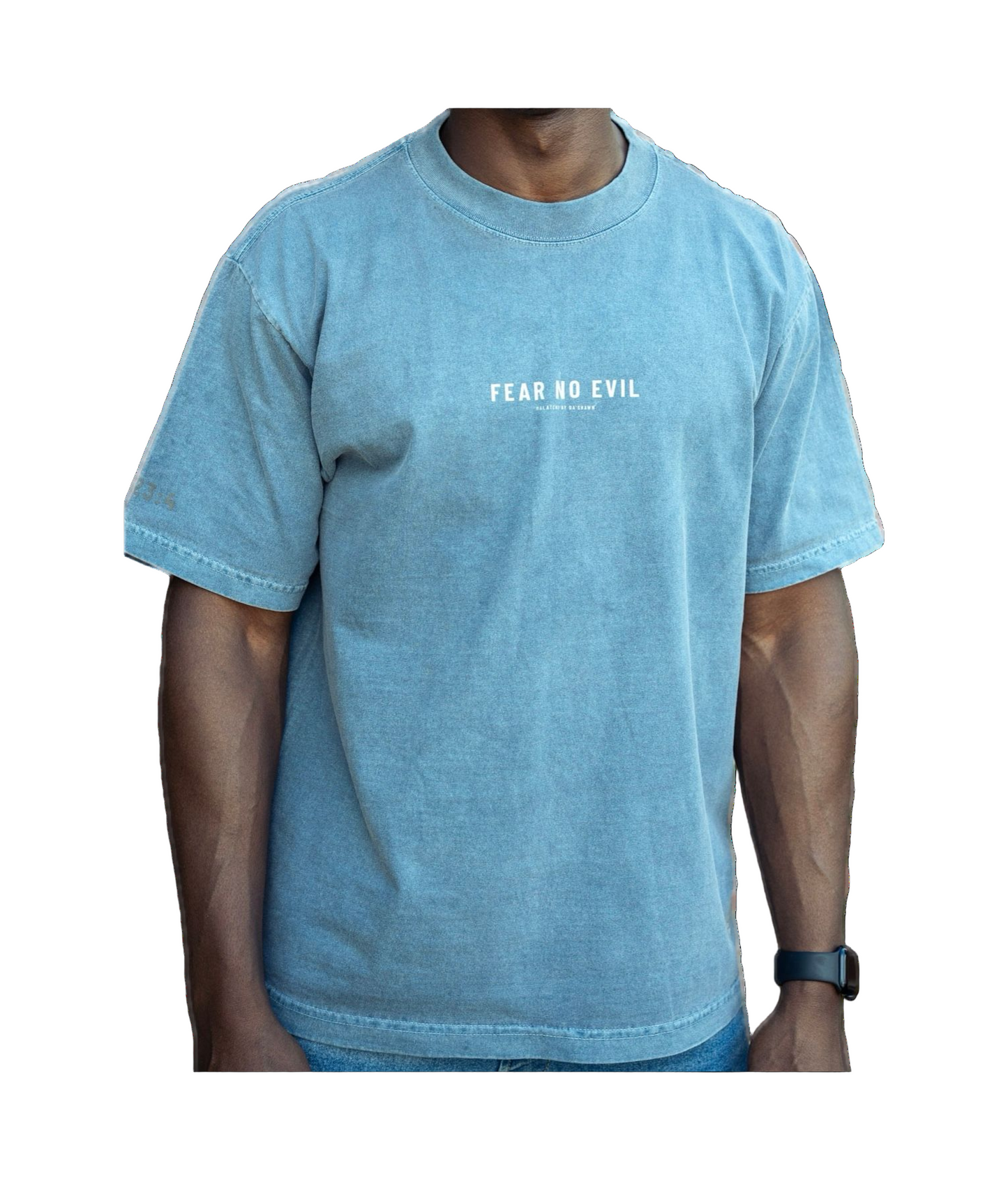 Fear No Evil - Demin Blue/Clay Red on a Max Heavyweight Oversize fit Tee