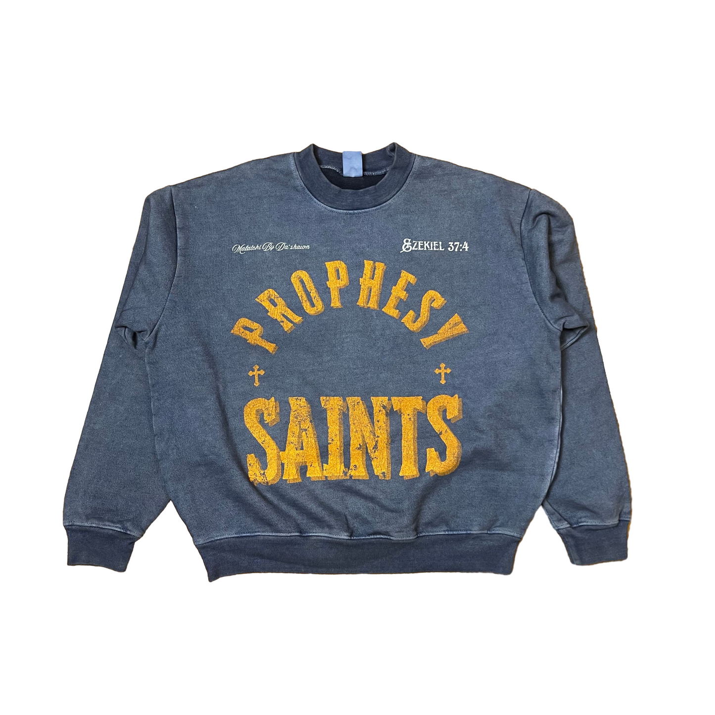 Heavyweight 15oz "Prophesy Saints" Bearing Sea Blue Crewneck with Oversized Dropped Shoulders Box Fit