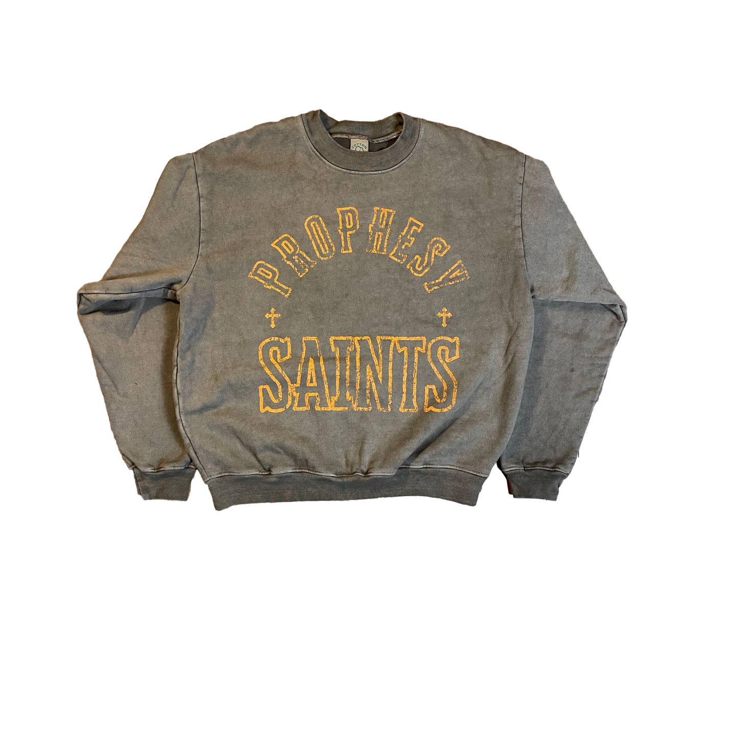 Heavyweight 15oz "Prophesy Saints" Brown Stonewashed Crewneck with Oversized Dropped Shoulders Box Fit