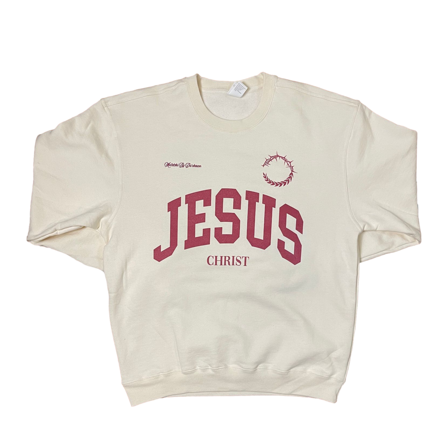 Oversized Heavyweight 10 oz - "JESUS VARSITY SWEATER" Crewneck Burgundy on Cream Front & Back Design