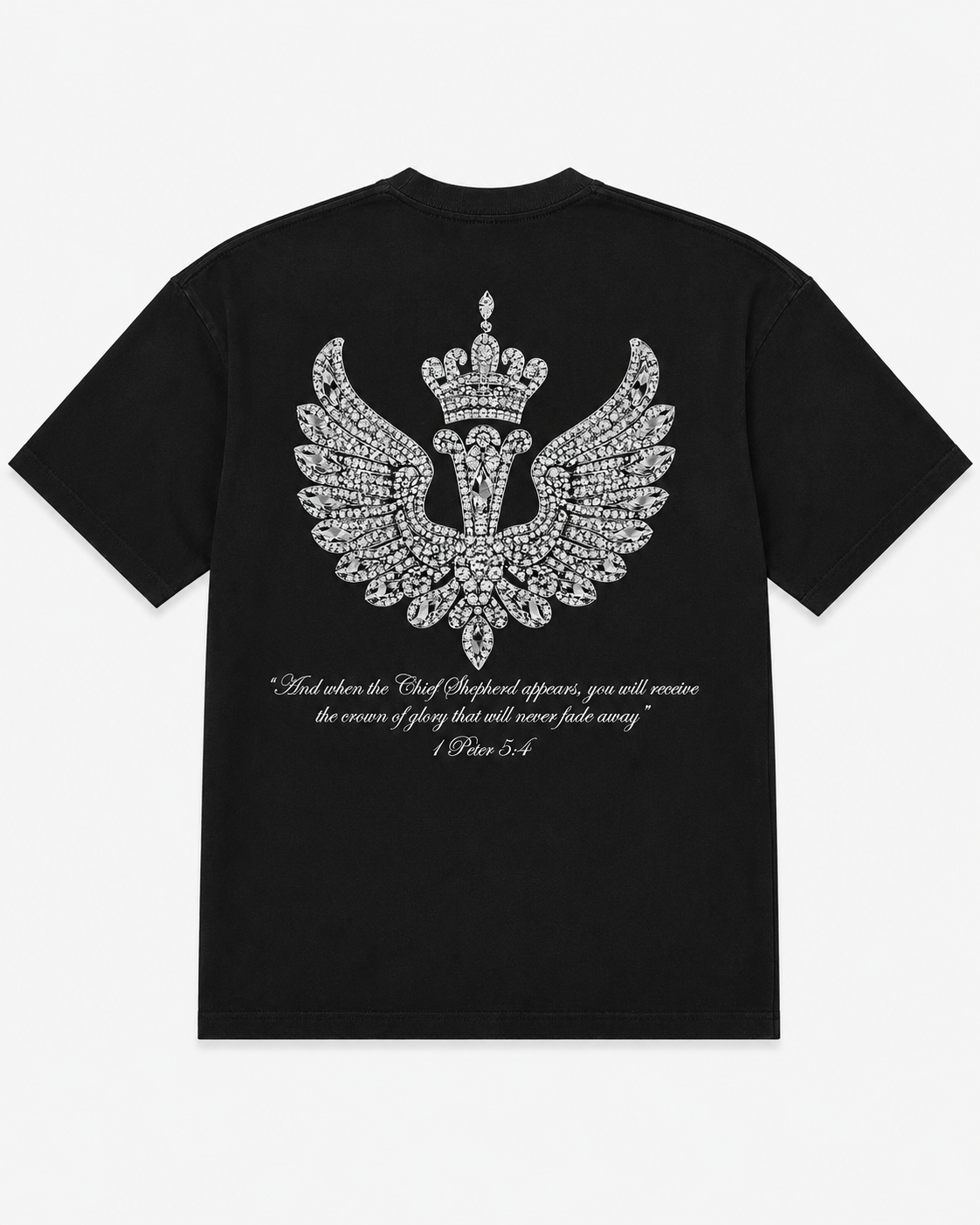 Oversized Off-Black “Crown of Glory” T-Shirt with Rhinestone details