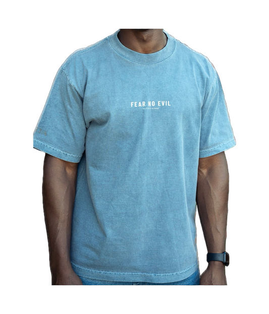 Fear No Evil - Demin Blue/Clay Red on a Max Heavyweight Oversize fit Tee