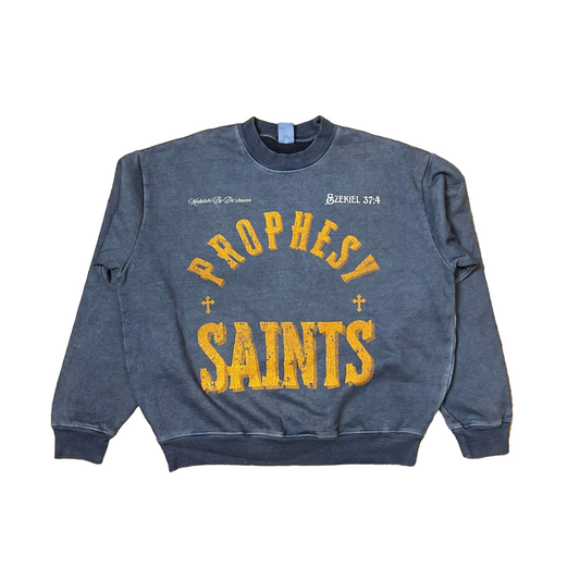 Heavyweight 15oz "Prophesy Saints" Bearing Sea Blue Crewneck with Oversized Dropped Shoulders Box Fit